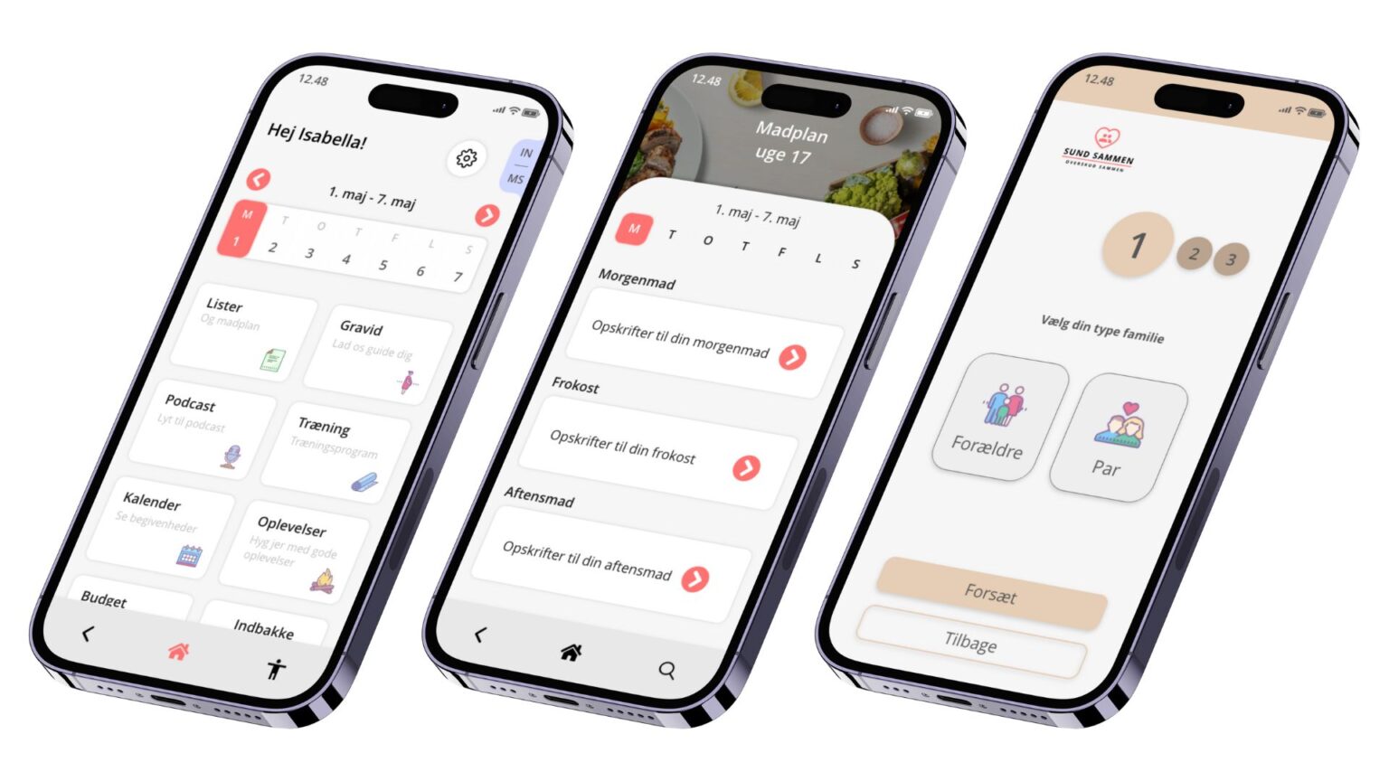 Mockup af 3 forskellige skærme på appen