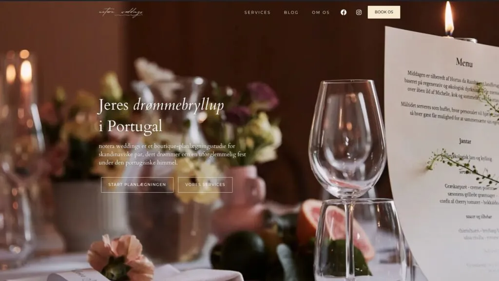 Hjemmesiden til Notera Weddings, designet af MF WebDesign
