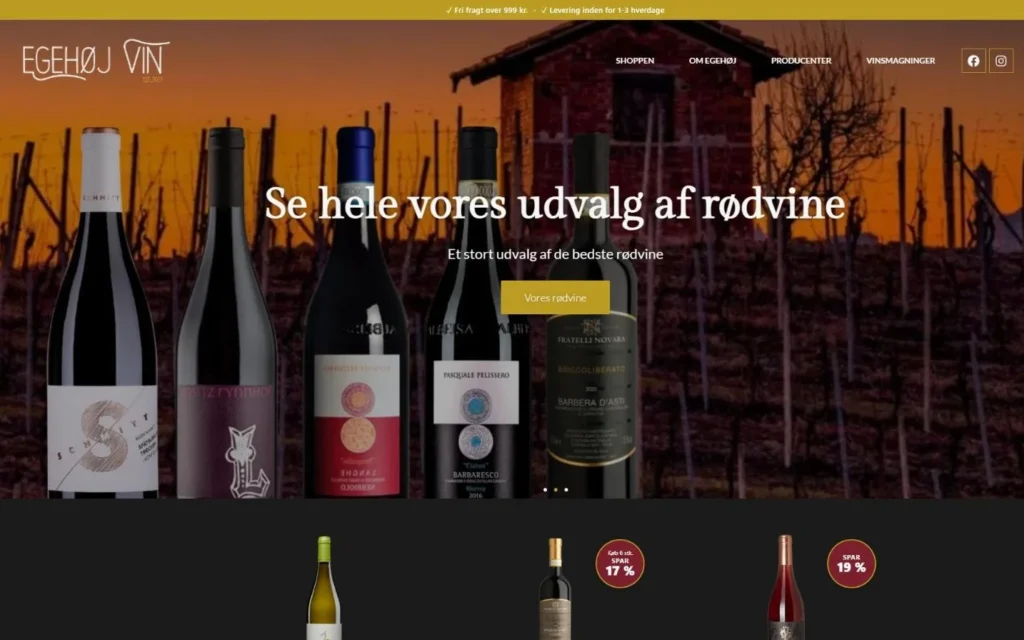 Forsiden på egehojvin.dk: webshoppen til Egehøj Vin, designet og udviklet af MF WebDesign