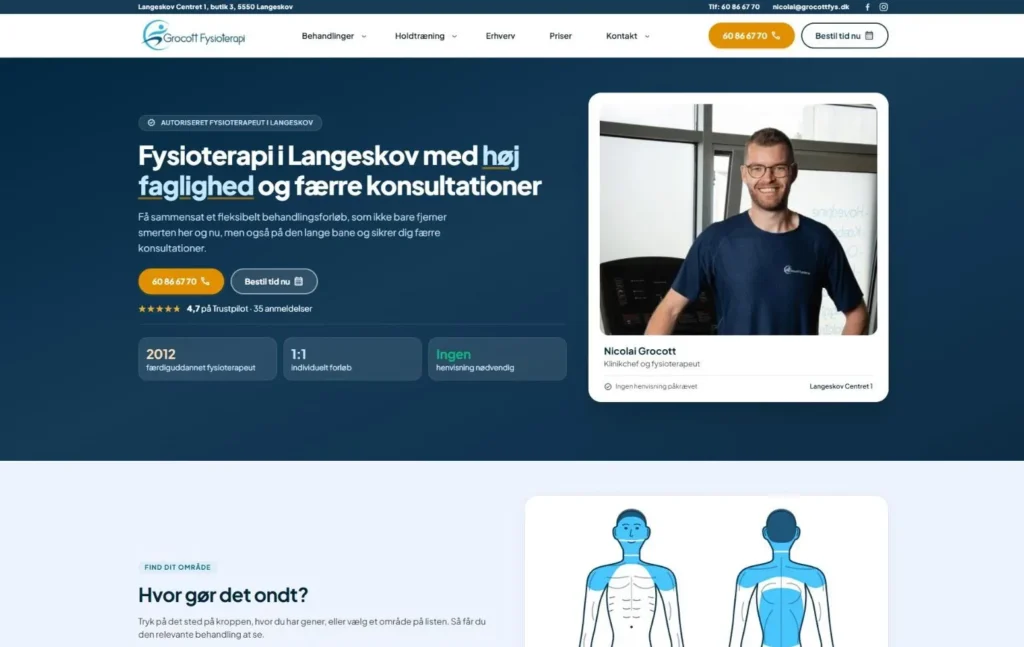 Forsiden på grocottfys.dk med fysioterapeut Nicolai Grocott